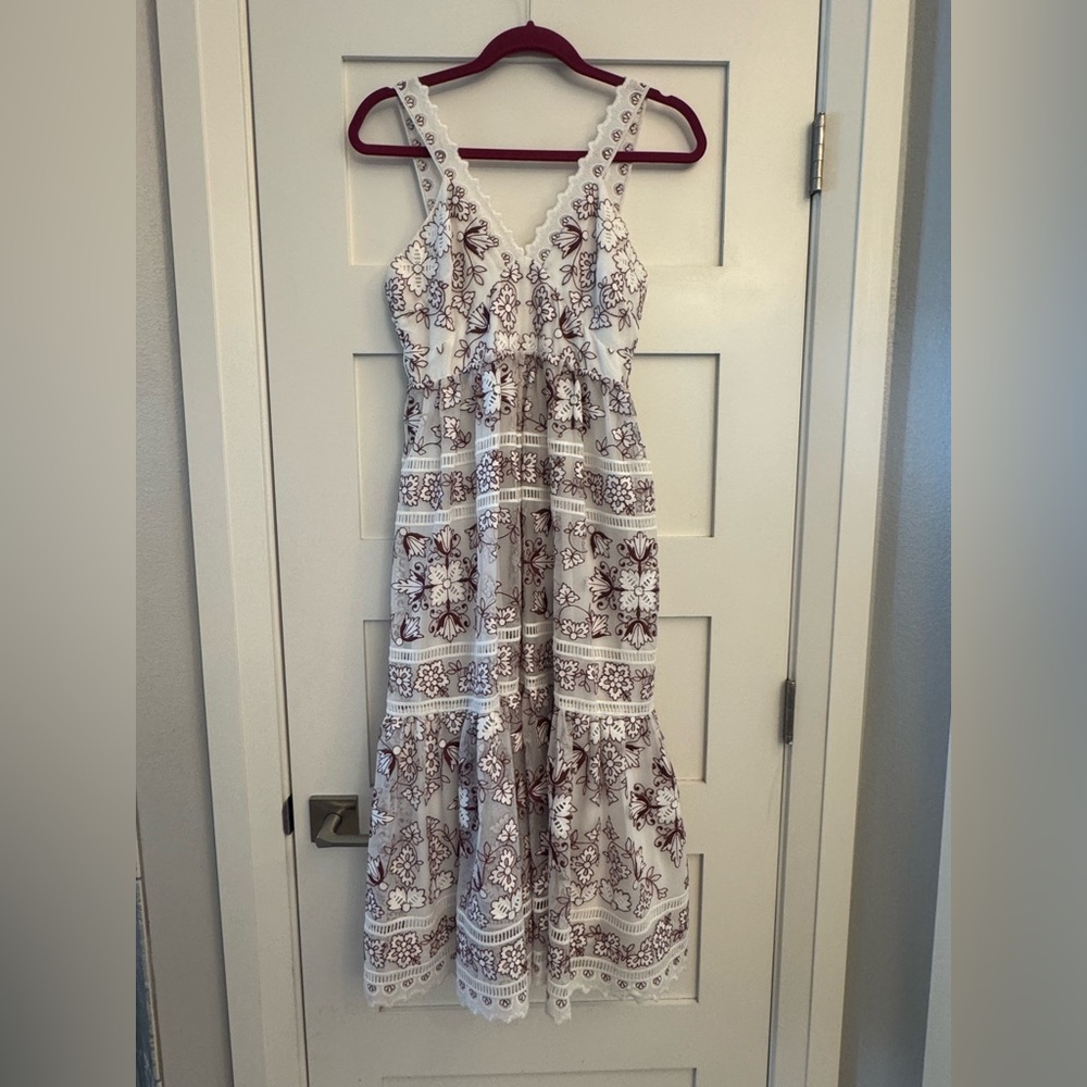 Anthropologie Tiered V-Neck Embroidered Midi Floral Dress Small Petite - Picture 4 of 16